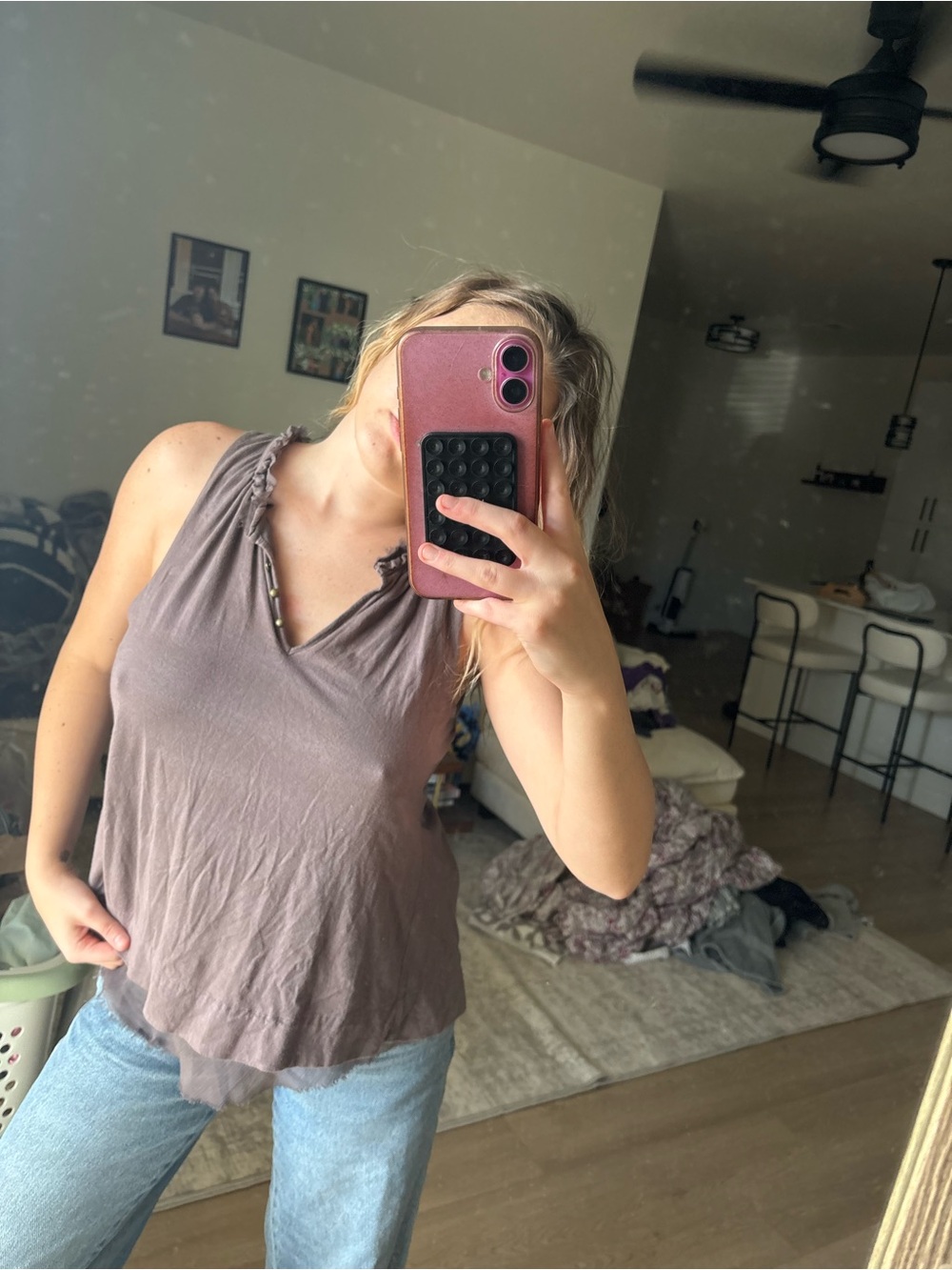Women’s Sleeveless V-Neck Ruffled Tank Top - Taupe